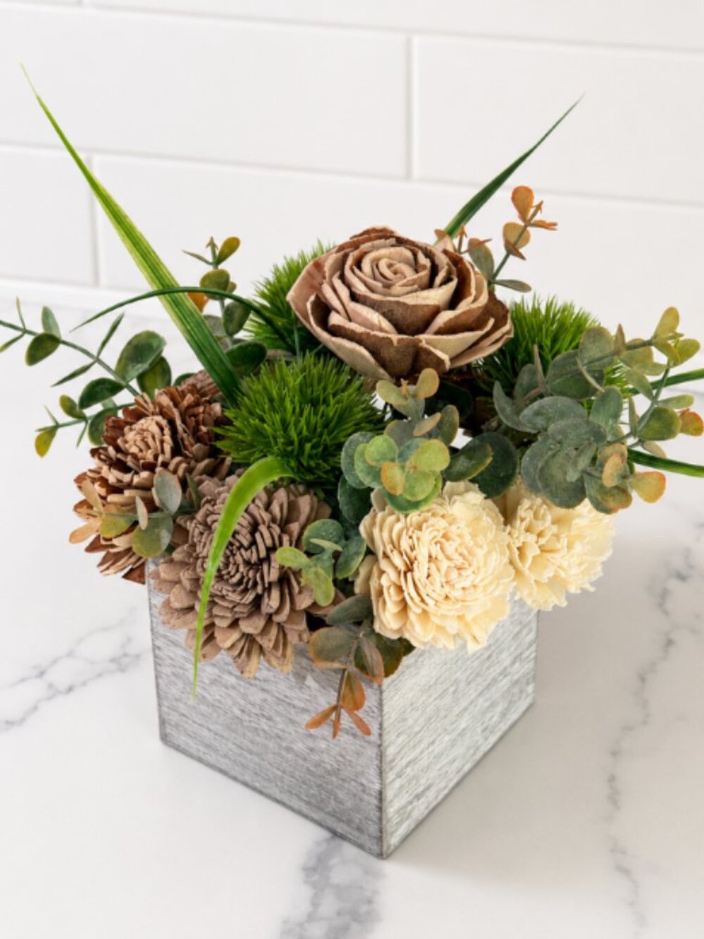 Rustic Sola Wood Floral Arrangement in wooden box farmhouse home decor gift